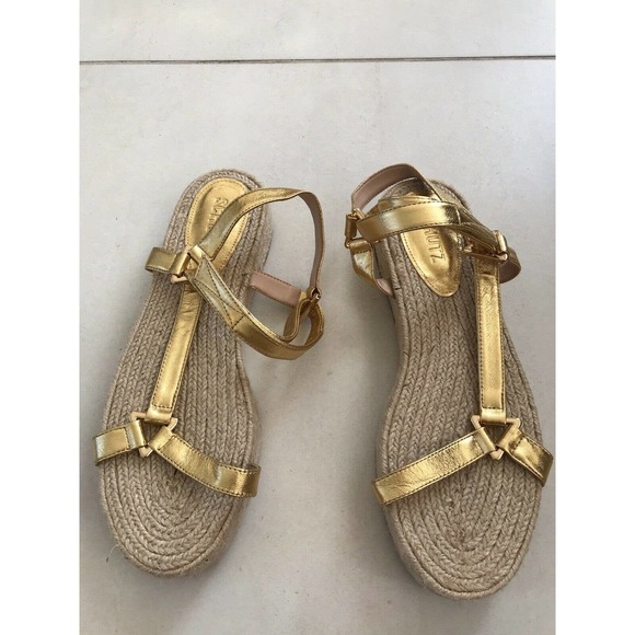 Schutz Sandalia Salto Baixo Jute Gold Metallic Platform Sandals - Picture 2 of 12
